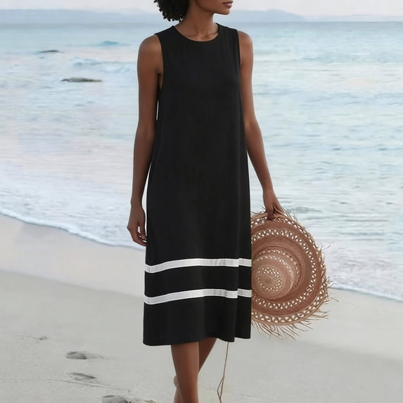 QUNYINEY Striped Sundresses for Women Plus Size Long Beach Summer Sleeveless Tank Dress Casual Casual Loose Fit Crew Neck Vacation Dresses