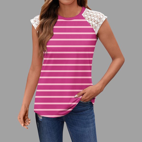 QUNYINEY Striped Tank Tops for Women 2025 Casual Crew Neck Raglan Sleeveless Tops Lace Loose Summer Tank Tops