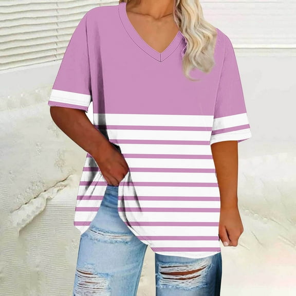 QUNYINEY Striped Women Shirts Casual Short Sleeve V Neck Tops Loose Plus Size Summer Pullover Tops for Women