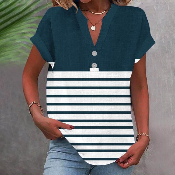 QUNYINEY Striped Women Shirts Short Sleeve V Neck Casual Tops Loose Pullover Button Cotton Linen Shirts