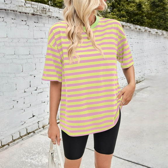 QUNYINEY Striped Women Tops Crew Neck Short Sleeve Casual Shirts Pullover Plus Size Loose Cotton Tops