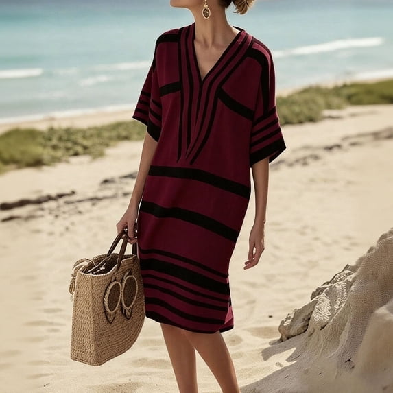 QUNYINEY Striped Womens Dresses Summer Short Sleeve Midi Cotton Linen Shift Dress Casual Vacation Casual V Neck Loose Fit Dresses
