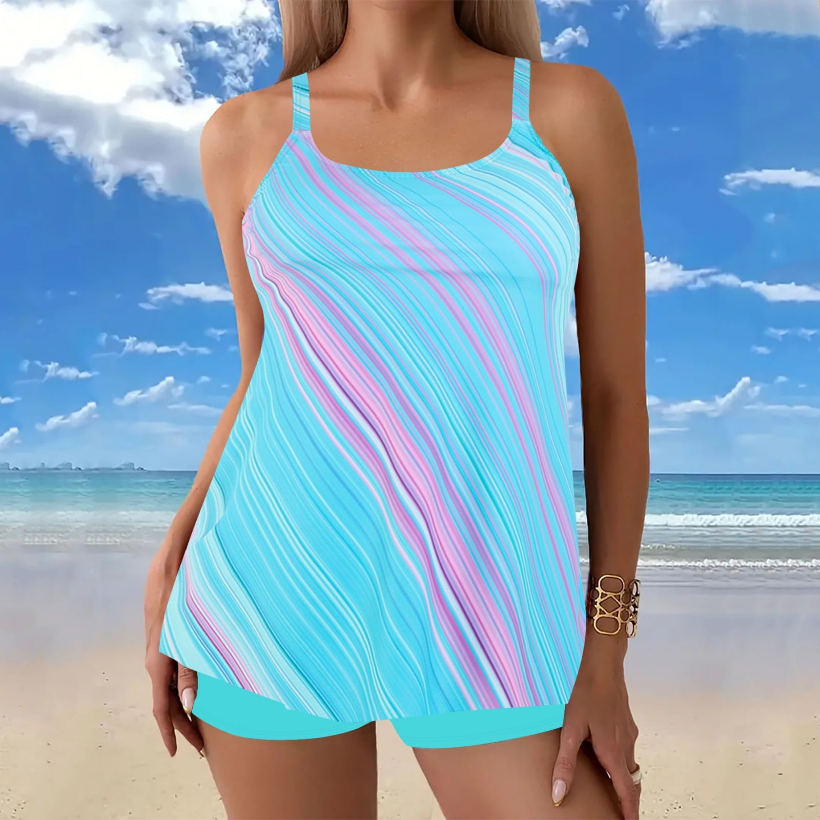 QUNYINEY Striped Womens Swimsuits Tankini Two Piece Bathing Suit with ...