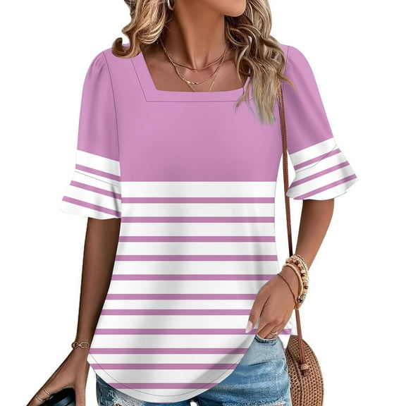 QUNYINEY Striped Womens Tops Summer Square Neck Casual Short Sleeve Shirts Loose Pullover Womens Shirts