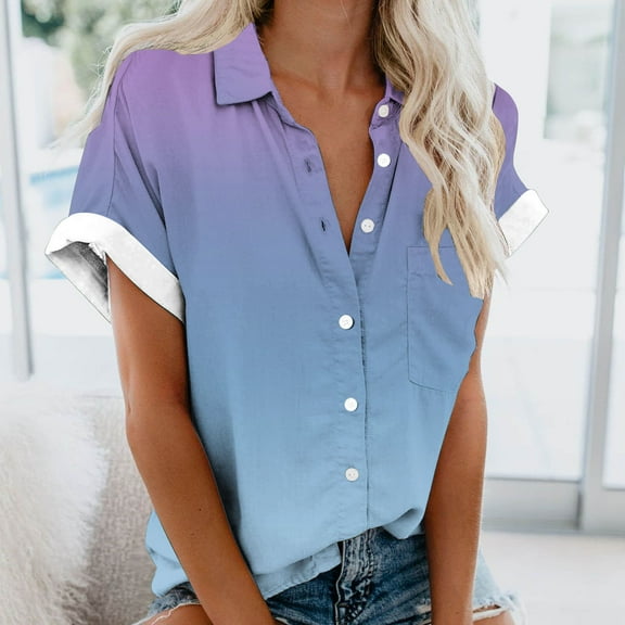 QUNYINEY Summer Button Down Shirts for Women Casual Collared Gradient Short Sleeve Tops with Pocket Loose Shirts