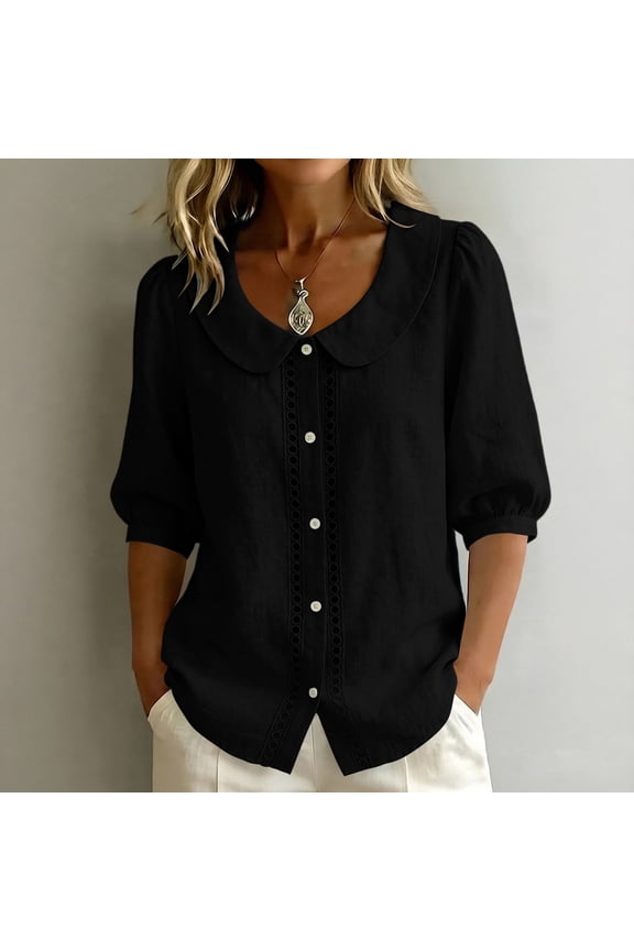 Summer Button Down Shirts for Women Black Short Sleeve Cotton Linen Blouse Loose Fit Cute Casual Collared Shirts