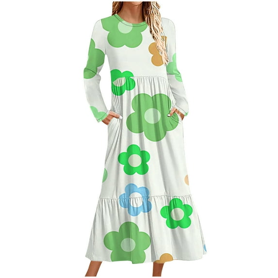 QUNYINEY Summer Dresses for Women 2025 Casual Floral Long Sleeve A-Line Dress Crew Neck Flowy Empire Waist Maxi Dresses