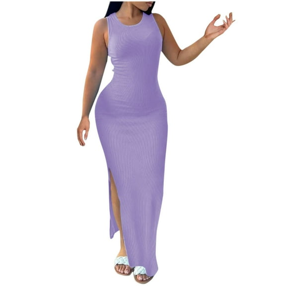 QUNYINEY Summer Dresses for Women 2025 Casual Solid Sleeveless Bodycon Dress Split Hem Crew Neck Maxi Sundress