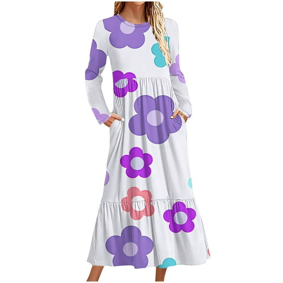 QUNYINEY Summer Dresses for Women 2025 Floral Long Sleeve Casual A-Line Dress Empire Waist Crew Neck Flowy Maxi Dresses