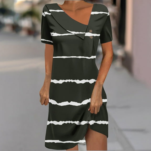 QUNYINEY Summer Dresses for Women 2025 Short Sleeve Striped Casual A-Line Dress Button V Neck Mini Sundress