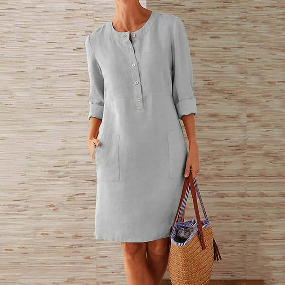 QUNYINEY Summer Dresses for Women 2025 Solid Casual Long Sleeve Shirt Dress Cotton Linen with Pockets Crew Neck Mini Button Dress