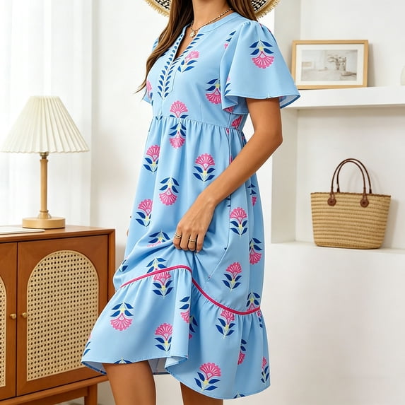 QUNYINEY Summer Dresses for Women 2026 Short Sleeve Floral Midi A Line Sundress Flowy Ruffle Casual V Neck Loose Fit Dresses