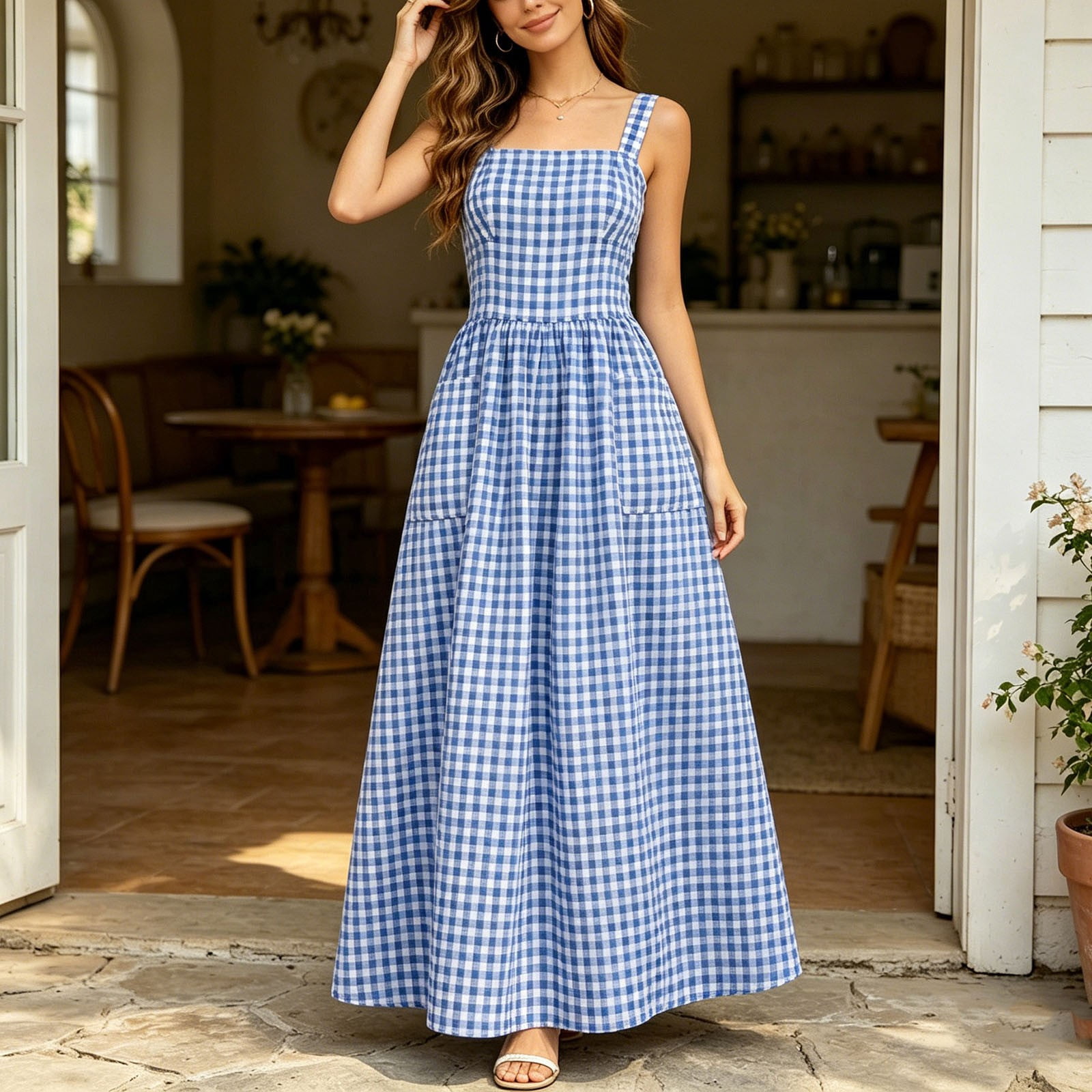 QUNYINEY Summer Dresses for Women 2026 Sleeveless A Line Plaid Long ...