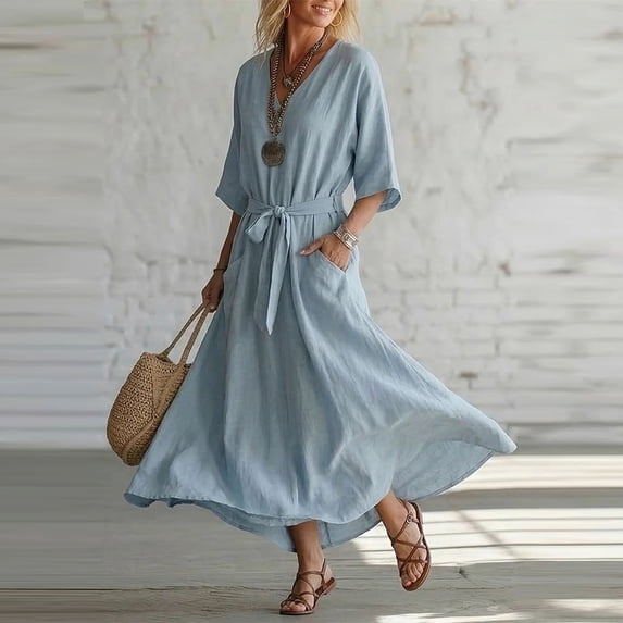 QUNYINEY Summer Dresses for Women Long Blue 3/4 Sleeve Cotton Linen A Line Dress with Pockets Casual V Neck Loose Fit Dresses