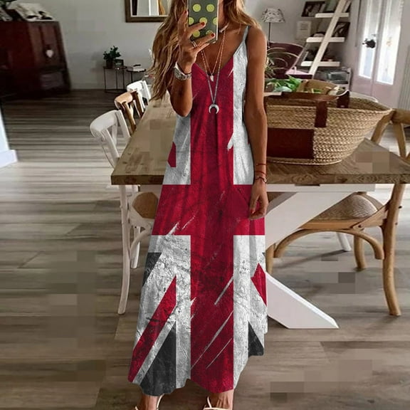 QUNYINEY Summer Dresses for Women Union Jack Casual Sleeveless A-Line Dress Slip V Neck Flowy Maxi Sundress