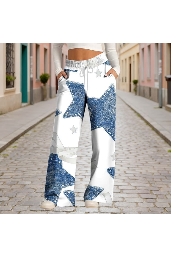Summer Pants for Women Star High Waisted Casual Wide Leg Palazzo Pants Elastic Waist Loose Fit Drawstring with Pockets Pants