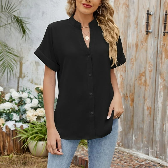 QUNYINEY Summer Shirts for Women Button Down V Neck Short Sleeve Solid Tops Casual Loose Button Down Shirts