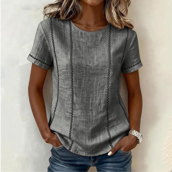 QUNYINEY Womens Summer T Shirts Casual Short Sleeve Striped Tops Loose Fit Going Out Pullover Crew Neck Shirts