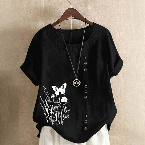 QUNYINEY Summer Shirts for Women Crew Neck Casual Butterfly Short Sleeve Tops Pullover Button Cotton Linen Loose Shirts