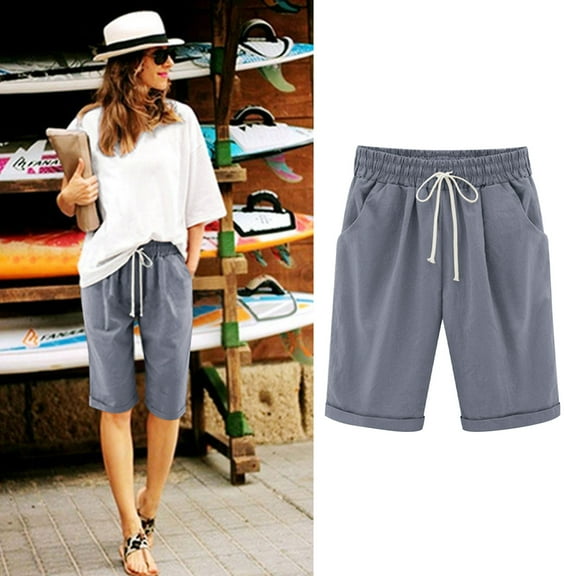 QUNYINEY Summer Shorts For Women Casual Mid Rise Solid Bermuda Shorts Elastic Waist Loose Comfy Drawstring Shorts