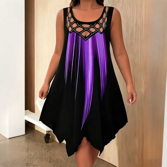 QUNYINEY Summer Sundresses for Women Beach Casual Graphic Sleeveless Midi Tank Dress Loose Fit Beach Crew Neck Drop Shoulder Cutout Dresses