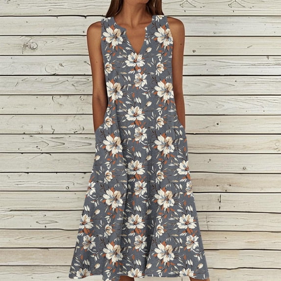 QUNYINEY Summer Sundresses for Women Casual Beach A Line Floral Sleeveless Midi Tank Dress Loose Fit V Neck with Pockets Dresses