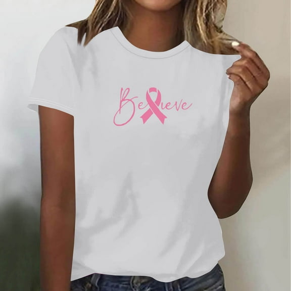 QUNYINEY Summer T Shirts for Women Breast Cancer Awareness Casual Short Sleeve Tops Pullover Crew Neck Loose Graphic Tees