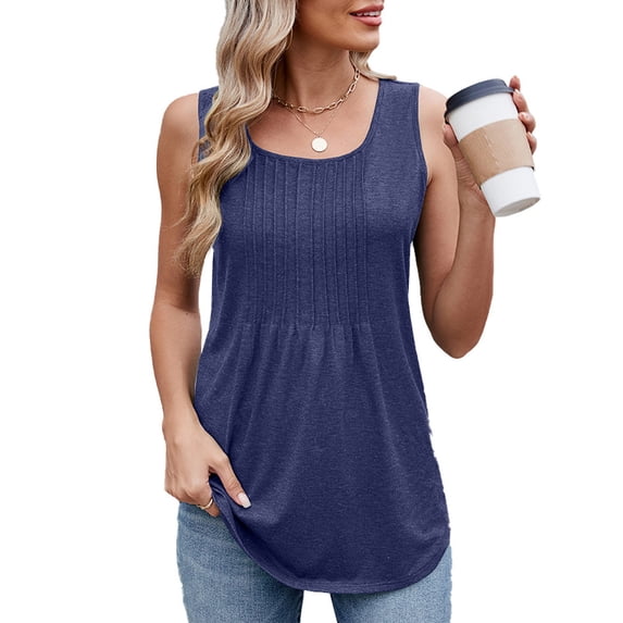 QUNYINEY Summer Tank Tops for Women Cotton Navy Shirts Pleated Flowy Crew Neck Sleeveless Loose Fit Women Tops