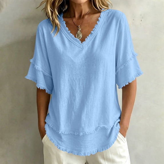 QUNYINEY Summer Tshirt for Women Tassel Short Sleeve Cotton Linen Tops Loose Fit Solid Pullover Casual V Neck Shirts