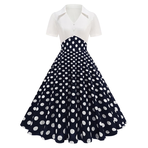 QUNYINEY Summer Women Dresses Polka Dot A Line Short Sleeve Midi Dresses Flowy Collared Vacation Slim Fit Dresses