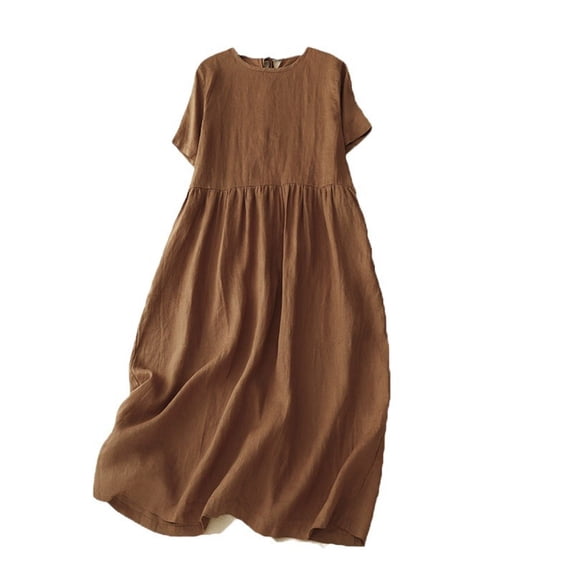 QUNYINEY Summer Women's Dresses Linen Short Sleeve Solid Long Dresses Flowy Loose Fit Crew Neck A Line Dresses
