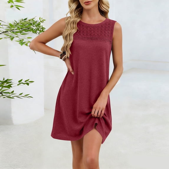 QUNYINEY Summer Women's Sundresses Red Midi Sleeveless Cotton Tank Dress Lace Lounge Crew Neck Loose Fit Casual Dresses