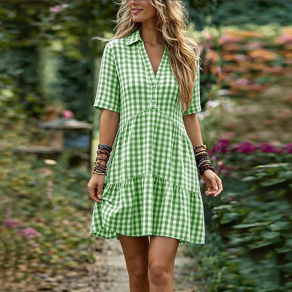 QUNYINEY Summer Womens Plus Size Dresses Short Sleeve Faux Cotton Linen Plaid Midi A Line Dress Loose Fit Pleated Collared Button Dresses