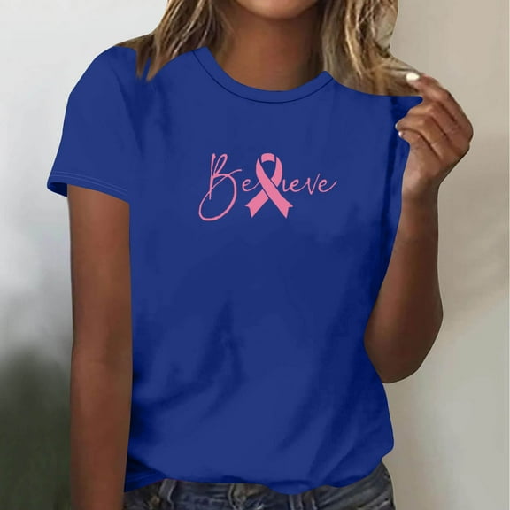 QUNYINEY Summer Womens Shirts Breast Cancer Awareness Short Sleeve Casual Tops Crew Neck Pullover Loose Graphic Tees