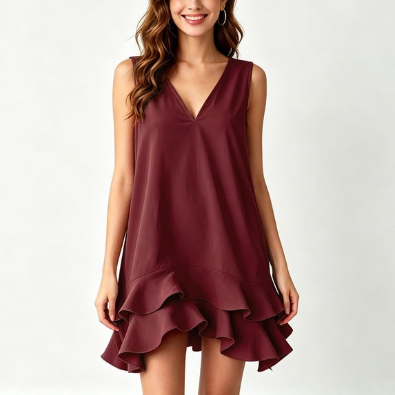 QUNYINEY Summer Womens Sundresses Casual Mini A Line Red Sleeveless Tank Dress Ruffle Loose Fit V Neck Dresses