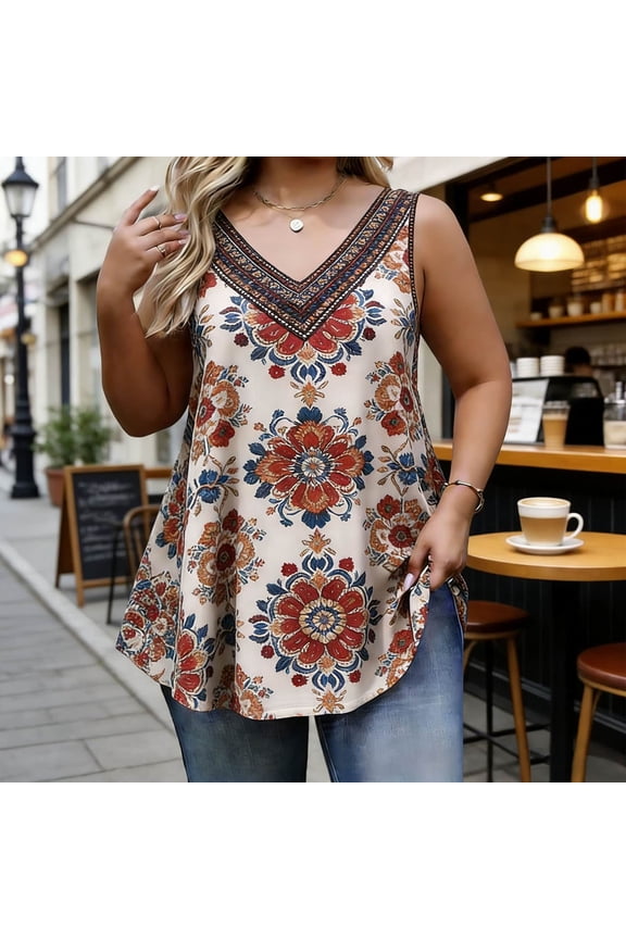 Summer Womens Tank Top Plus Size Boho Tops Loose Fit V Neck Vacation Sleeveless Flowy Women Shirts
