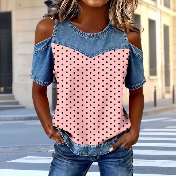 QUNYINEY Summer Womens Tee Shirts Cold Shoulder Short Sleeve Polka Dot Graphic Tees Relaxed Fit Pullover Cute Crew Neck Casual Tops