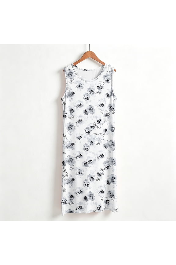 Sun Dresses Women Summer Casual Midi Sleeveless Floral Tank Dress Loose Fit Crew Neck Beach Vacation Dresses