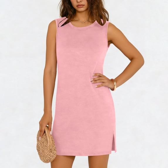 QUNYINEY Sundresses for Women Beach Pink Sleeveless Summer Mini Tank Dress with Slit Vacation Crew Neck Loose Fit Dresses