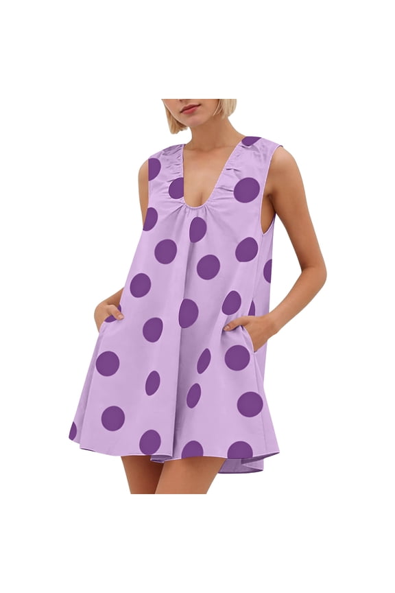 Sundresses for Women Beach Sleeveless Summer Polka Dot Mini Tank Dress V-Neck with Pockets Loose Fit Casual Dresses
