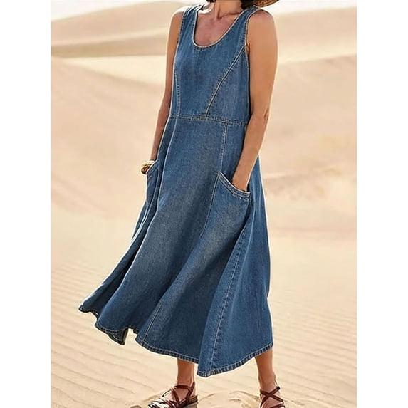 QUNYINEY Sundresses for Women Casual Beach Linen Sleeveless Blue Long Dresses A-Line with Pockets Loose Fit Crew Neck Tank Dress