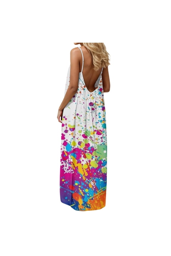 Sundresses for Women Casual Beach Vacation Tie Dye Sleeveless Maxi Dresses Loose Fit Crew Neck Backless Slip Dress