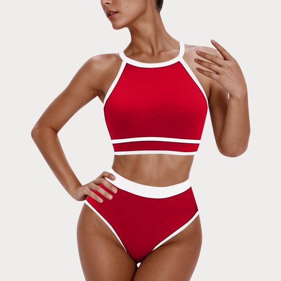 QUNYINEY Swim Suits for Women 2025 Tankini Crew Neck Standard Straps Colorblock Bathing Suit Two Piece High Waisted Swimsuit Sets