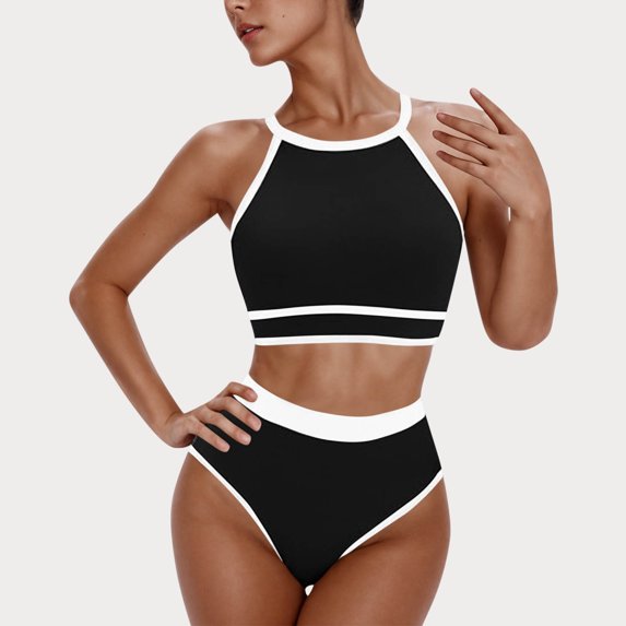 QUNYINEY Swim Suits for Women 2025 Tankini Standard Straps Crew Neck Colorblock Bathing Suit Two Piece High Waisted Swimsuit Sets