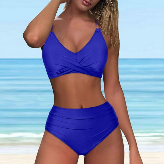 QUNYINEY Swim Suits for Women Bikinis Solid Spaghetti Straps V Neck Bathing Suit Two Piece High Waisted Swimsuit Sets