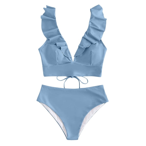 QUNYINEY Swimsuits for Curvy Women Spaghetti Straps Solid Ruffle Bikinis Bathing Suit High Waisted Two Piece Swimsuit Sets