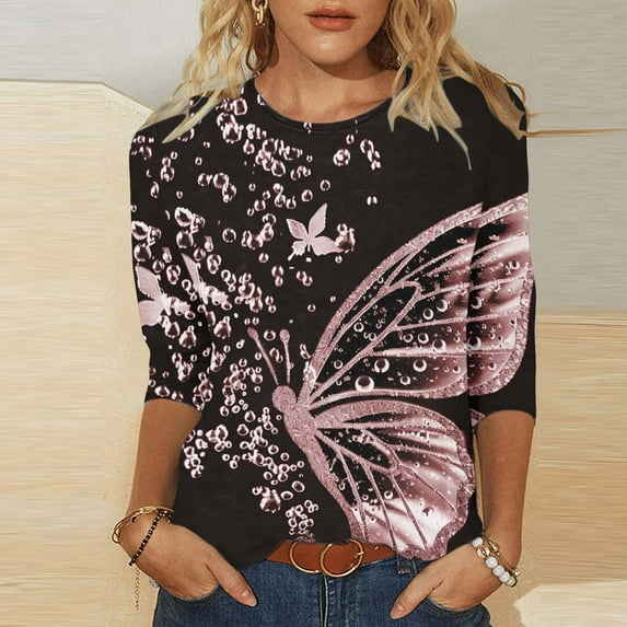 QUNYINEY T Shirts for Women Butterfly 3/4 Sleeve Casual Crew Neck Tops Pullover Loose Graphic Tees