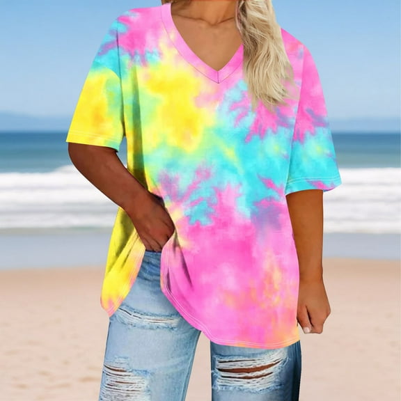 QUNYINEY T-Shirts for Women Casual Short Sleeve Tie Dye V Neck Tops Plus Size Summer Pullover Loose Women Tops
