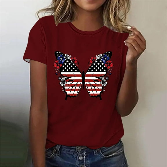 QUNYINEY T Shirts for Women Crew Neck Independence Day Casual Short Sleeve Tops Summer Loose Pullover Tops for Women