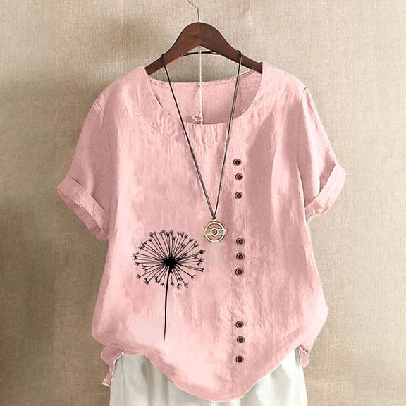 QUNYINEY T Shirts for Women Dandelion Crew Neck Casual Short Sleeve Tops Linen Loose Button Pullover Shirts